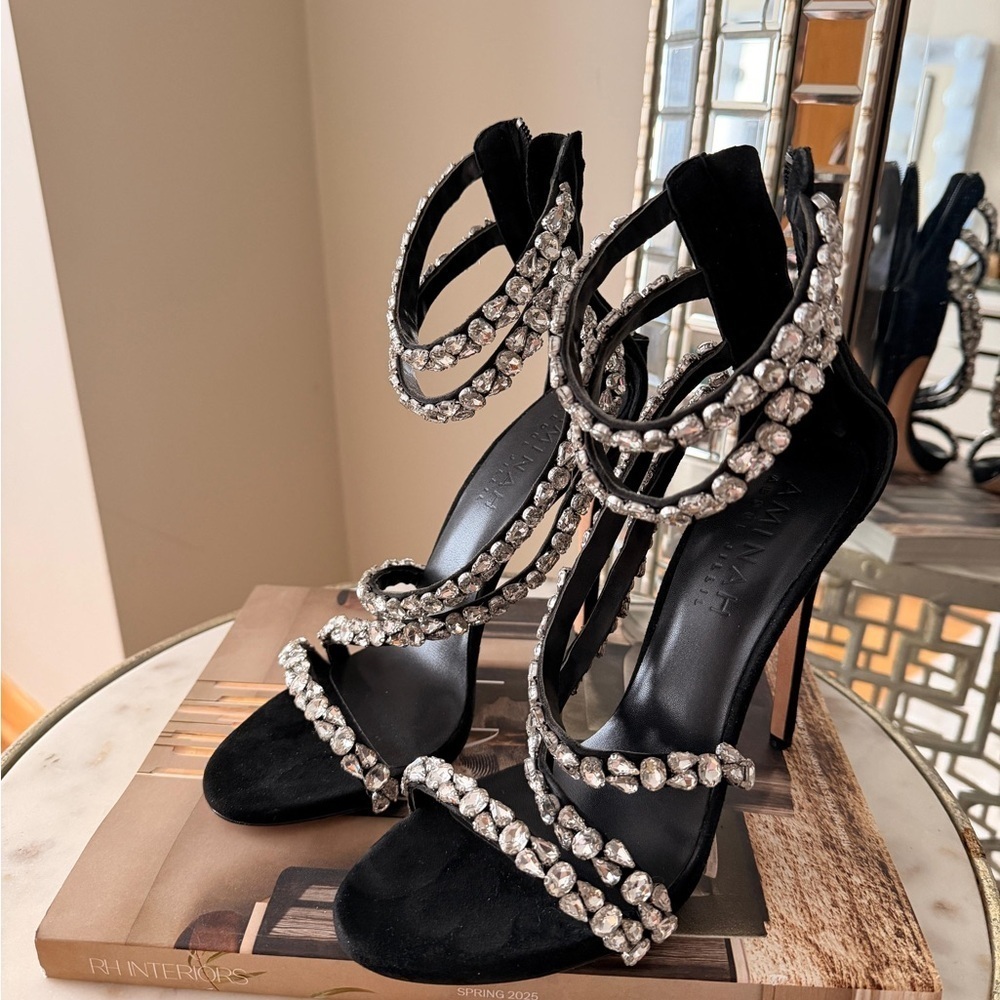 Glamorous Black Rhinestone Strappy Heels - Picture 3 of 5